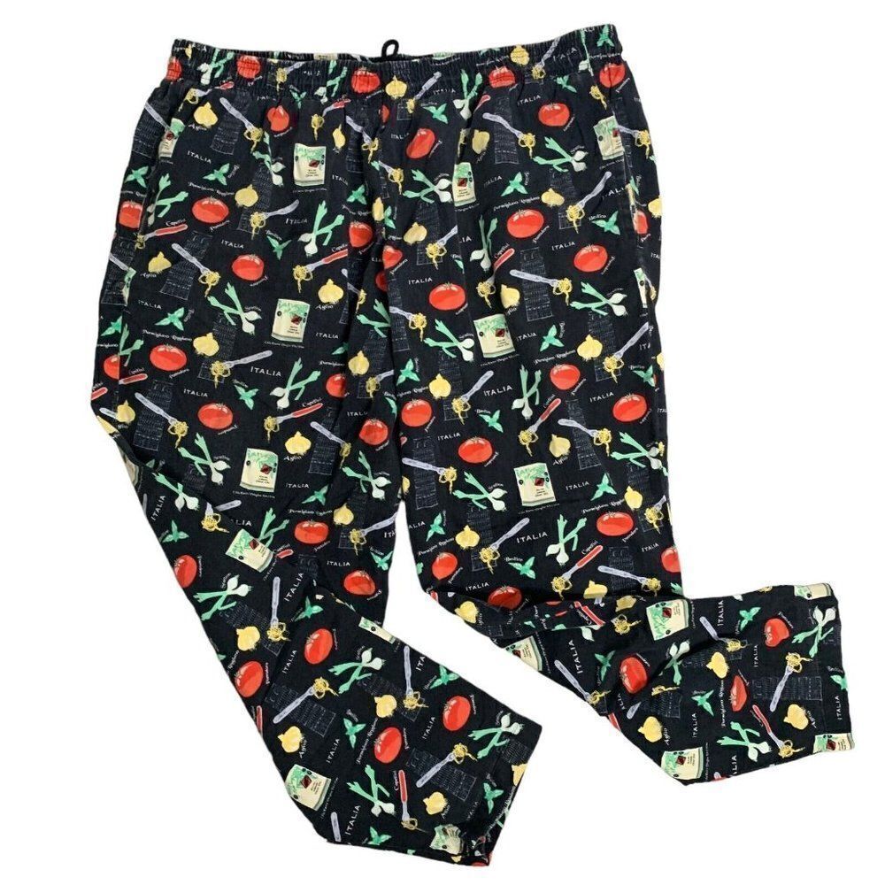 Vintage Chef Works Pullon Pants 3XL Black Vegetables Elastic Drawstring Pockets